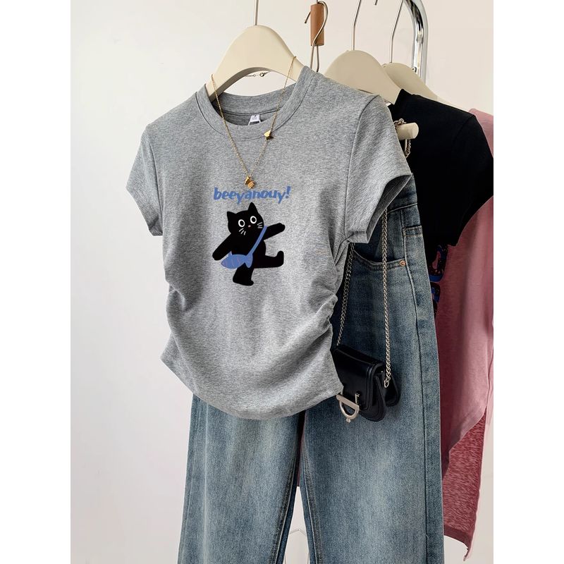 

Korean Style Chic Kitten Silm Nipped-Waist Short-Sleeved T-shirt Female Summer 2025 New Gray Age-Reducing Shoulder Student Tops Light gray S(Suggested 40.00 kg-47.50 kg)