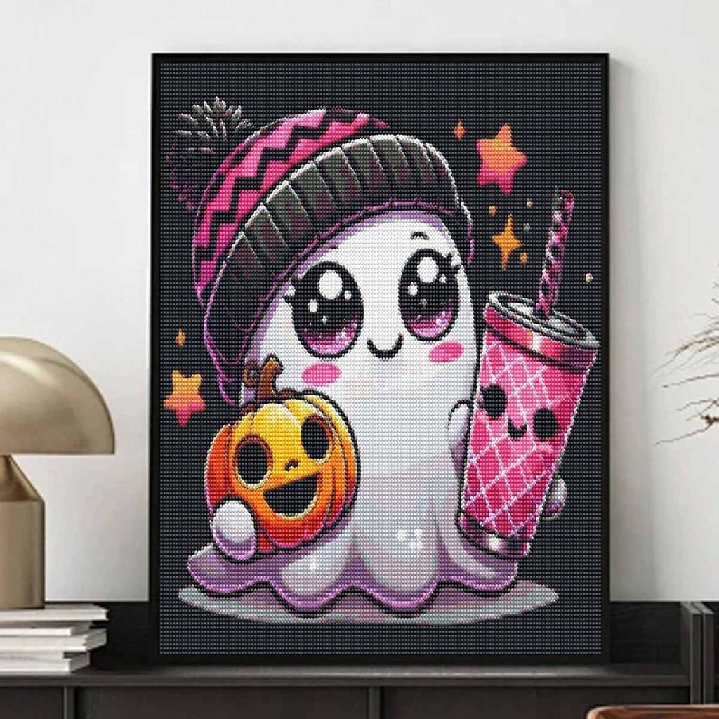 Cute Ghost Pumpkin Boba 5D Diamond Full Diamond Art Painting Kit Diamond Painting Home Decor Crafts Wall Art Pictures Decorations