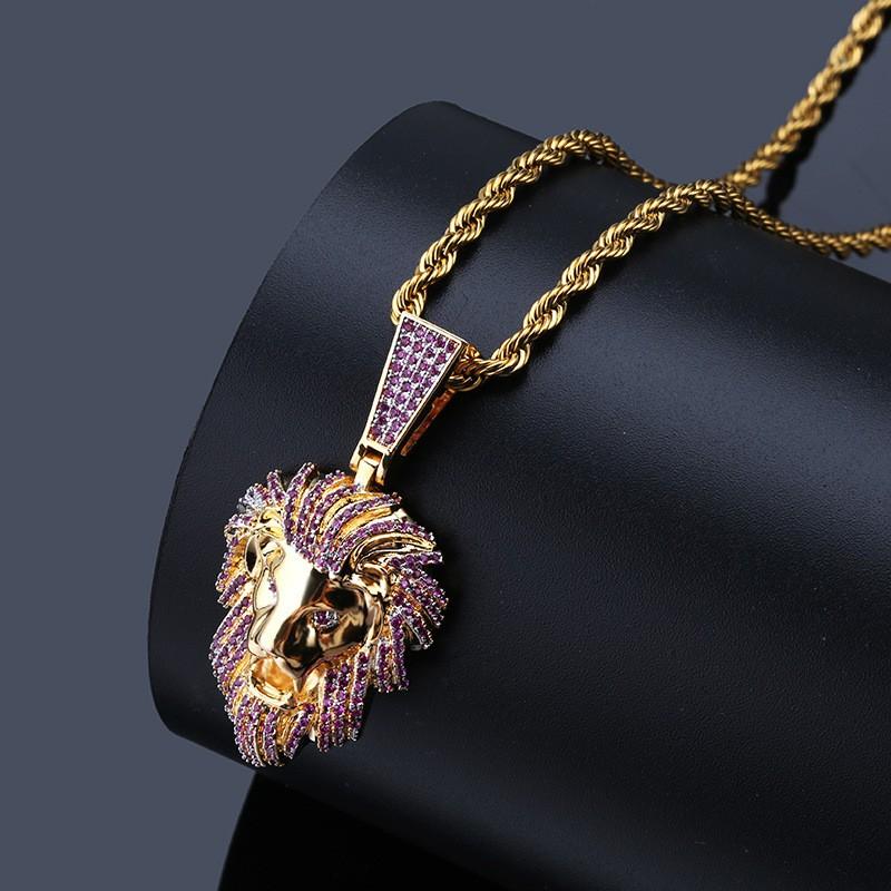 Hip Hop Lion Head Pendant Necklace Gold Plated Micro Pave Zircon Trendy Mens Jewelry