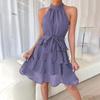 Women Autumn Winter Sleeveless Soild Color Halter Casual A-Line Knee-Length High Waist Ruffled Edges Dress