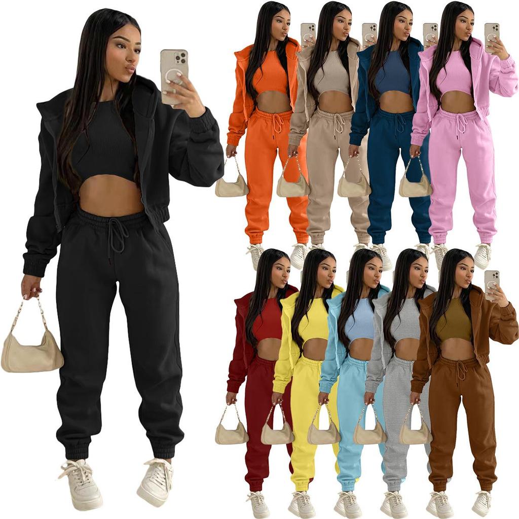 Women's Casual Tracksuit Autumn Winter Top Vest Pant Set Solid Color Zipper Plus Size Sexy Casual Loose Outfits for Women Outfit