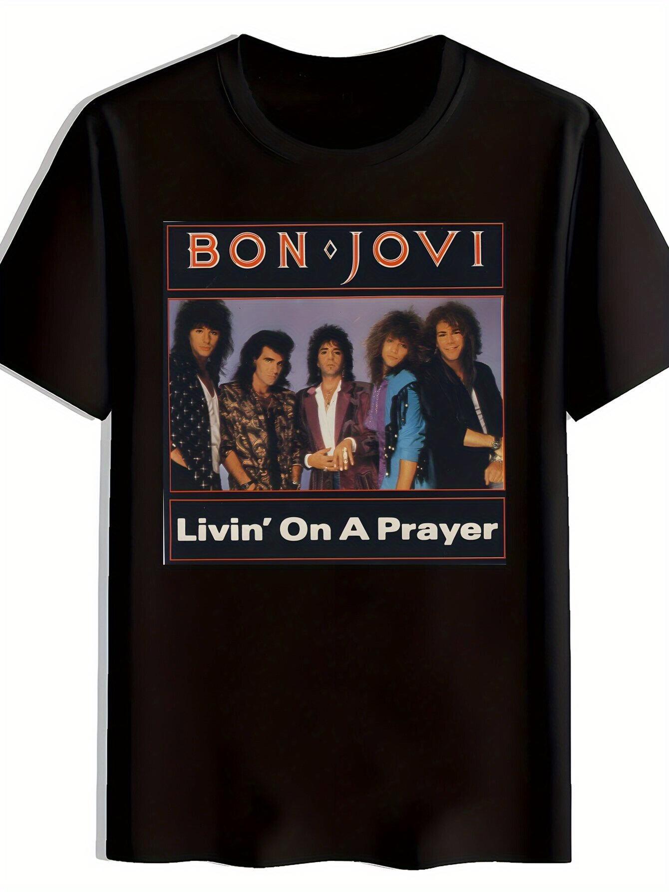 Bon Jovi Livin On A Prayer Graphic T-shirt - Black Polyester Crew Neck Tee for Men XXL
