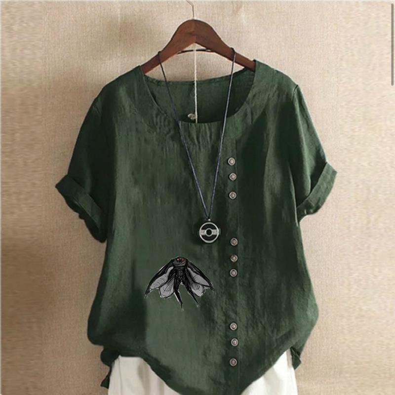 Women's Fashion Housefly Print Short Sleeve T-shirt Loose Cotton Shirt Casual Loose Summer Blouse Tops Plus Size