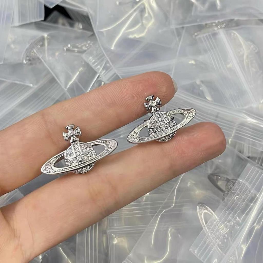 Classic Saturn Stud Earrings: Westwood-Style Full Diamond Planet Design