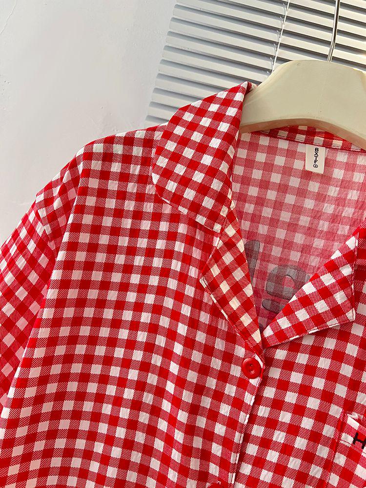 Women's Red Plaid Kitty Pajama Set - Short Sleeve & Shorts