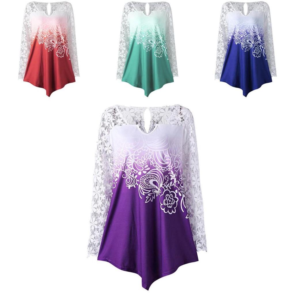 Stylish Plus Size Fashion Blouse For Women Featuring Sexy Lace And Ombre Print