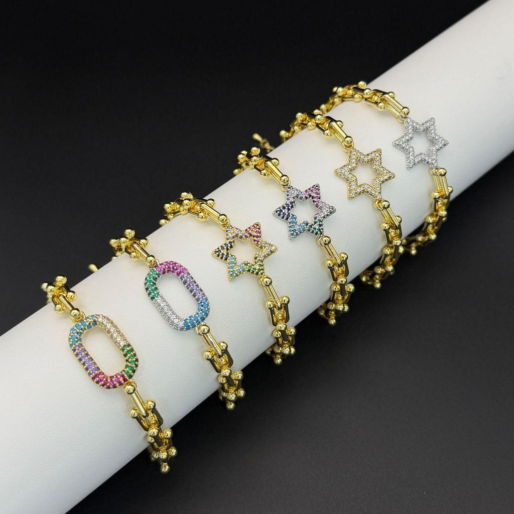 European & American Punk Chunky Chain Bracelet - T-shaped Zircon Inlaid, Hip Hop Metal Style, Colorful Hand Jewelry
