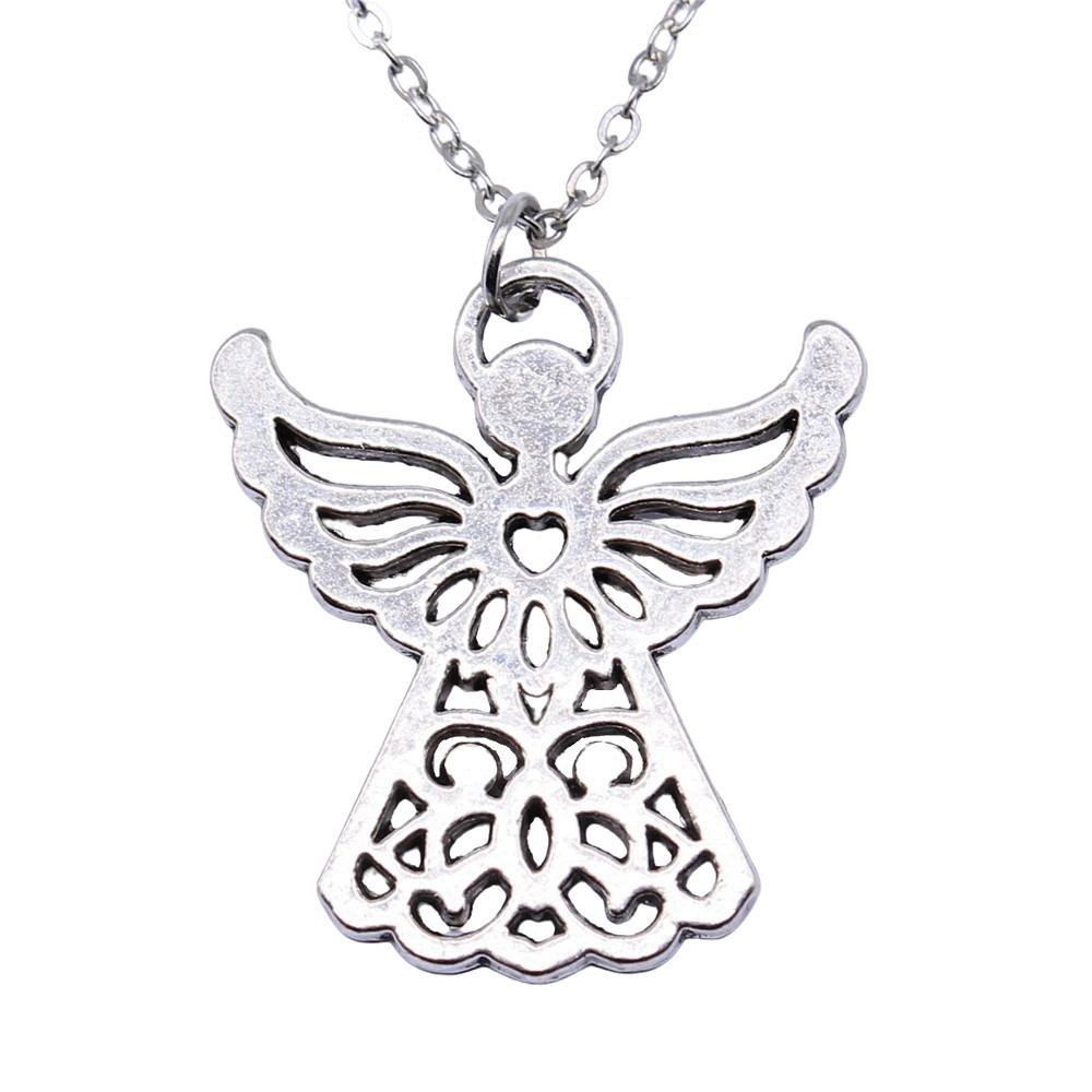 Ornate Angel With Heart Pendant Necklace Spiritual Faith Jewelry 40cm Short Chain