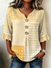 Women's Yellow Patchwork Plaid Stripe Polka Dot Blouse, V-Neck Button Front Ruffle Sleeve Casual Top for Work & Weekend Wear