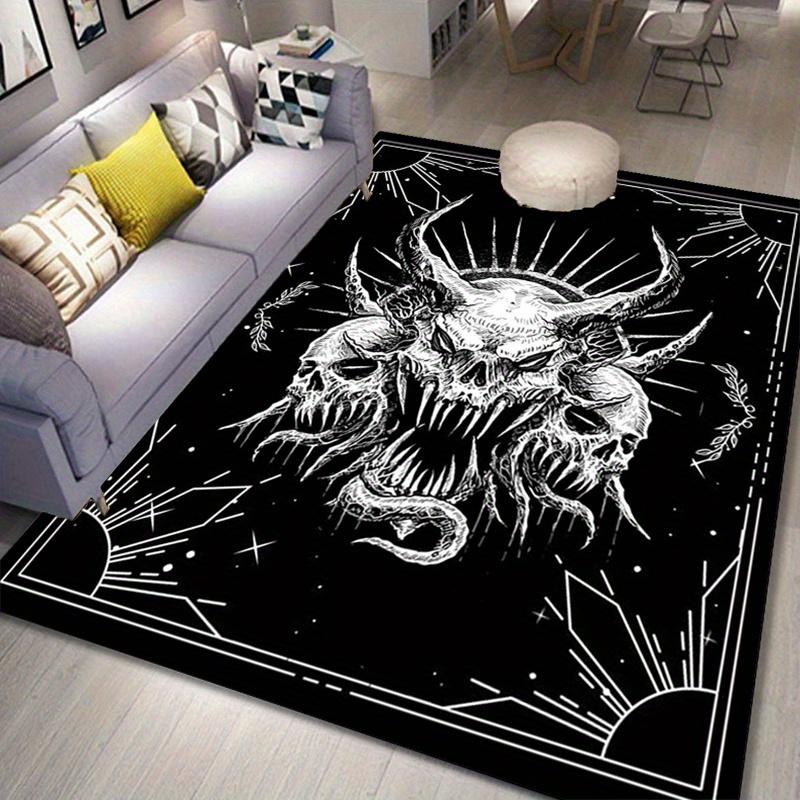 Skull Demon Rug - Gothic Style Black and White Carpet for Bedroom, Unique Horror Art Design, Halloween Decoration