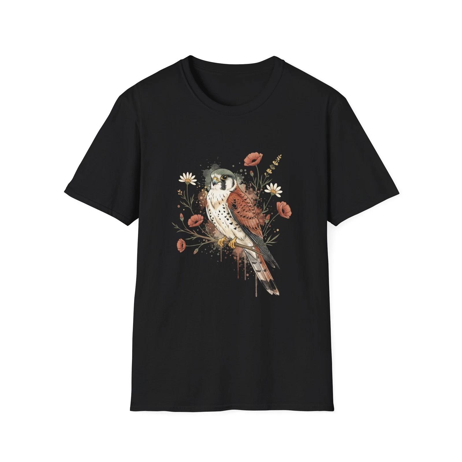

Kestrel Watercolor Floral Vintage Black Tee Dark Nature Graphic T-Shirt 4XL