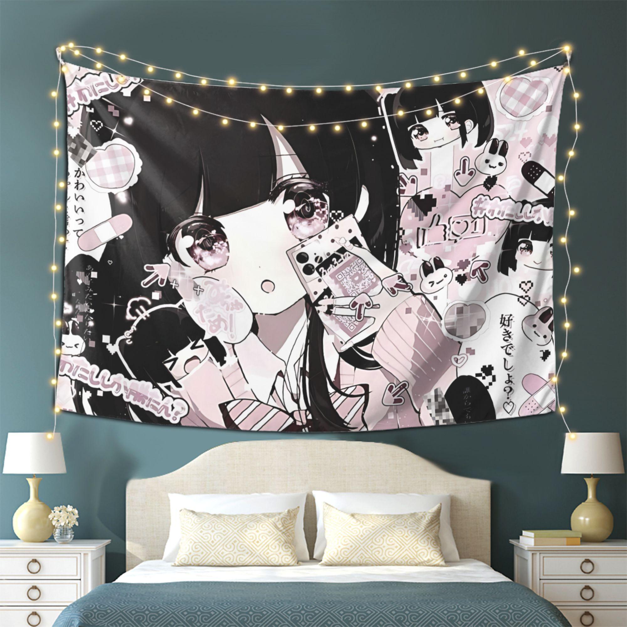 

VIKAMA Сладкая Прохладная Черно-Розовая Пиксельная Девушка Гобелен аниме Атмосфера ins Стиль Декоративная Настенная Декорация Комнаты Домашний Декор 74x94cm(29x37in)