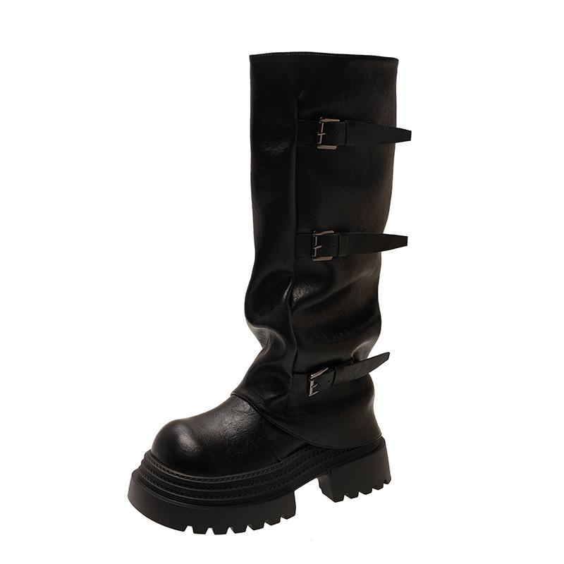 Belt Buckle Pleated Thick-soled Versatile Boots Women's Autumn 2025 New Popular Trousers Western Boots Ins Trendy Boots