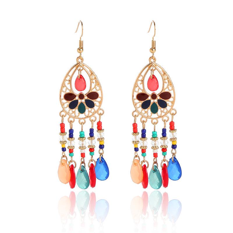 Bohemian Crystal Tassel Earrings - Ethnic Style, Slim Face, Exaggerated Design for Travel
