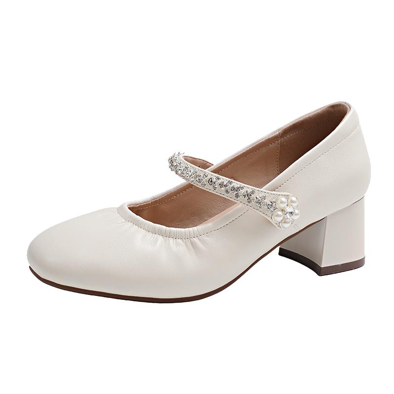 Fashion Rhinestone Strap Anti-Slip Wear-Resistant Block Heel Single Shoes Women's Fashion Round Toe Shallow Heels