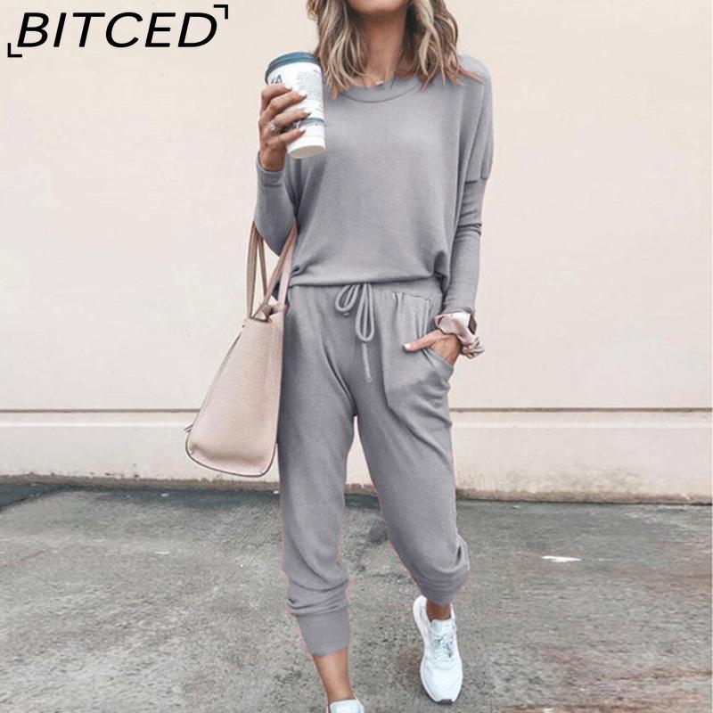 BITCED Spring and Autumn Women's Loose Solid Colour Long Sleeve Long Pants Casual Suit
