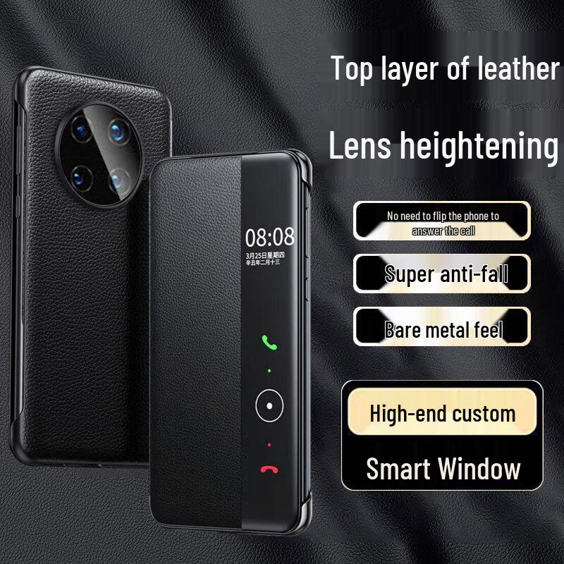 EDDGA Top Grain Leather Smart View Flip Phone Case for Huawei