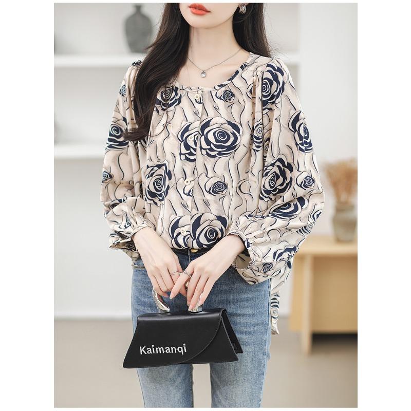 Spring Round Neck Print Floral Loose Blouse Women Elegant Casual Shirts Women Tops Plus Size Long Sleeve Vintage Button Up Office Ladies Shirt 26328