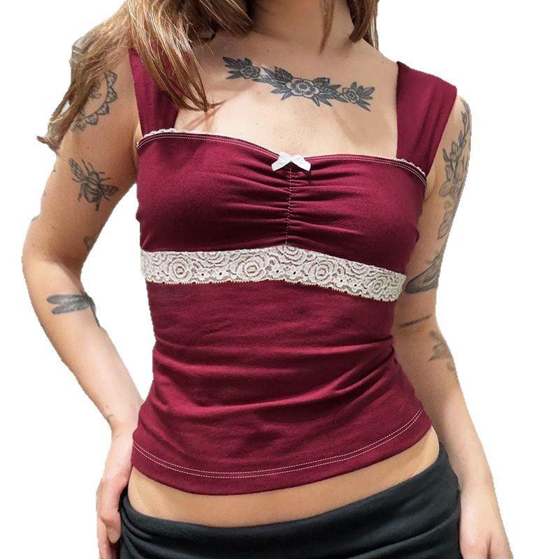 Niche style lace square collar court style short-sleeved top spring new sweet and spicy slim fashion top