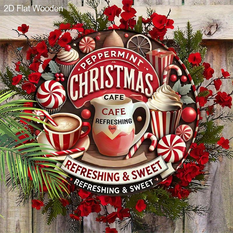 2D Flat 1pc Christmas Hot Drinks Wooden Sign Decoration, Round Embossed Effect Front Door Wall Decoration, Suitable for Home Office Decoration