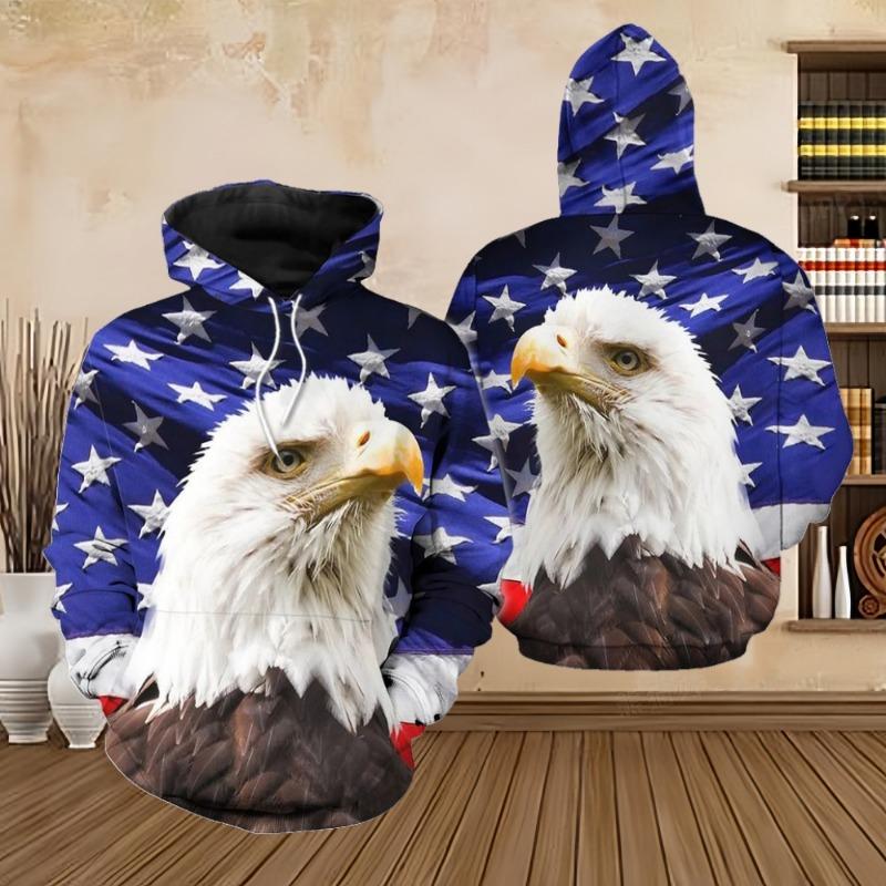 Hoodies Men's Bald Eagle with American Flag 3D Printed Vintage Fashion Oversized Sweatshirts Pullovers Hooded Tracksuit Clothing