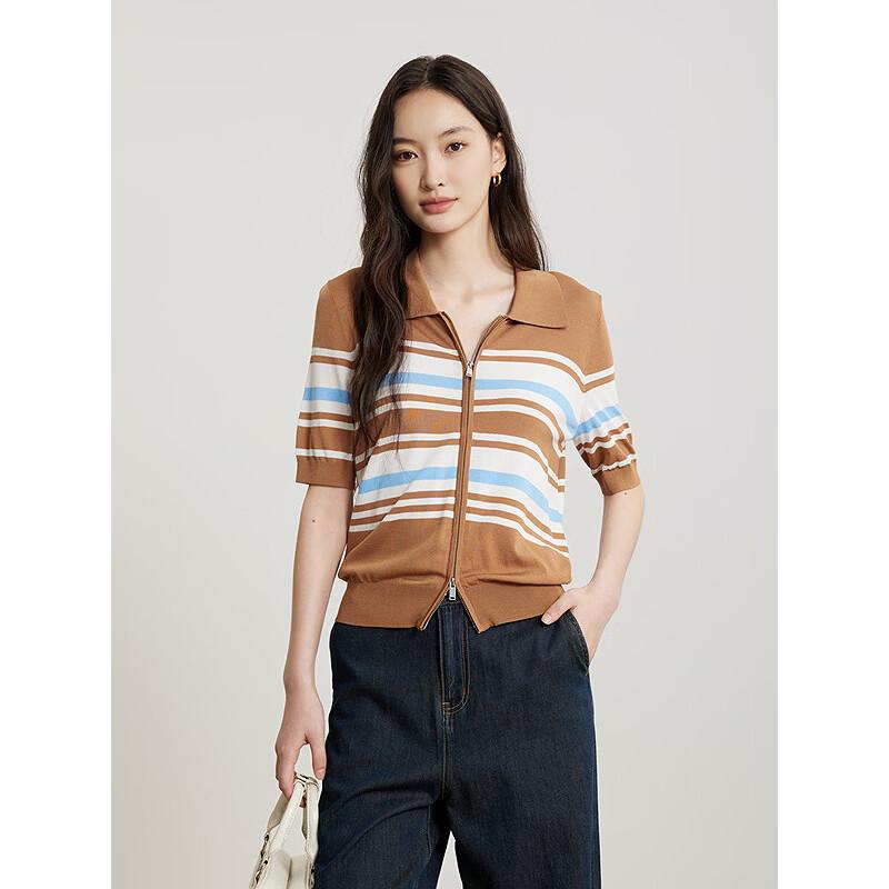 Women s Summer Ribbed Polo Collar Zipper Knit Top L