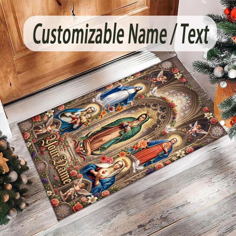 Virgin Mary Theme Crystal Velvet Rug Personalized Custom Name Text Soft Floor Mat Home Decor