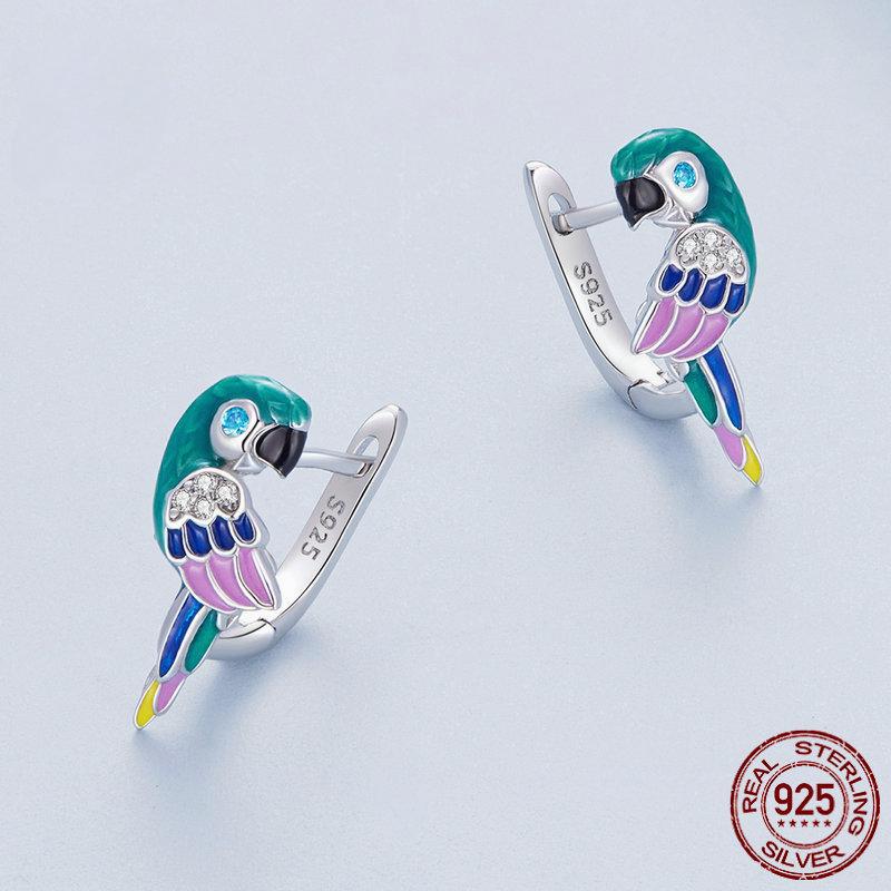 925 Sterling Silver Earrings Zircon Colorful Parrot Earrings Elegant Temperament Women's Jewelry