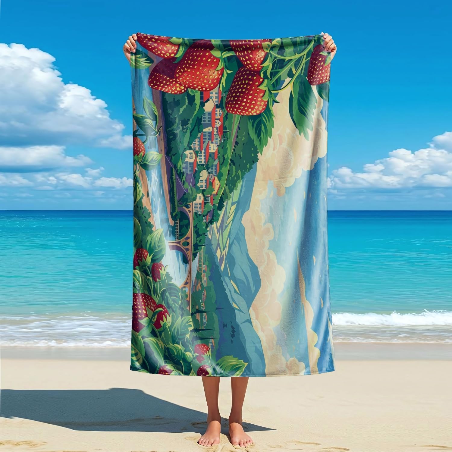 

Strawberry Print Beach Towel – Soft Microfiber, Absorbent, Quick-Drying for Pool, Beach, Bathroom, Travel – Premium for Adults W30*H60(CM)