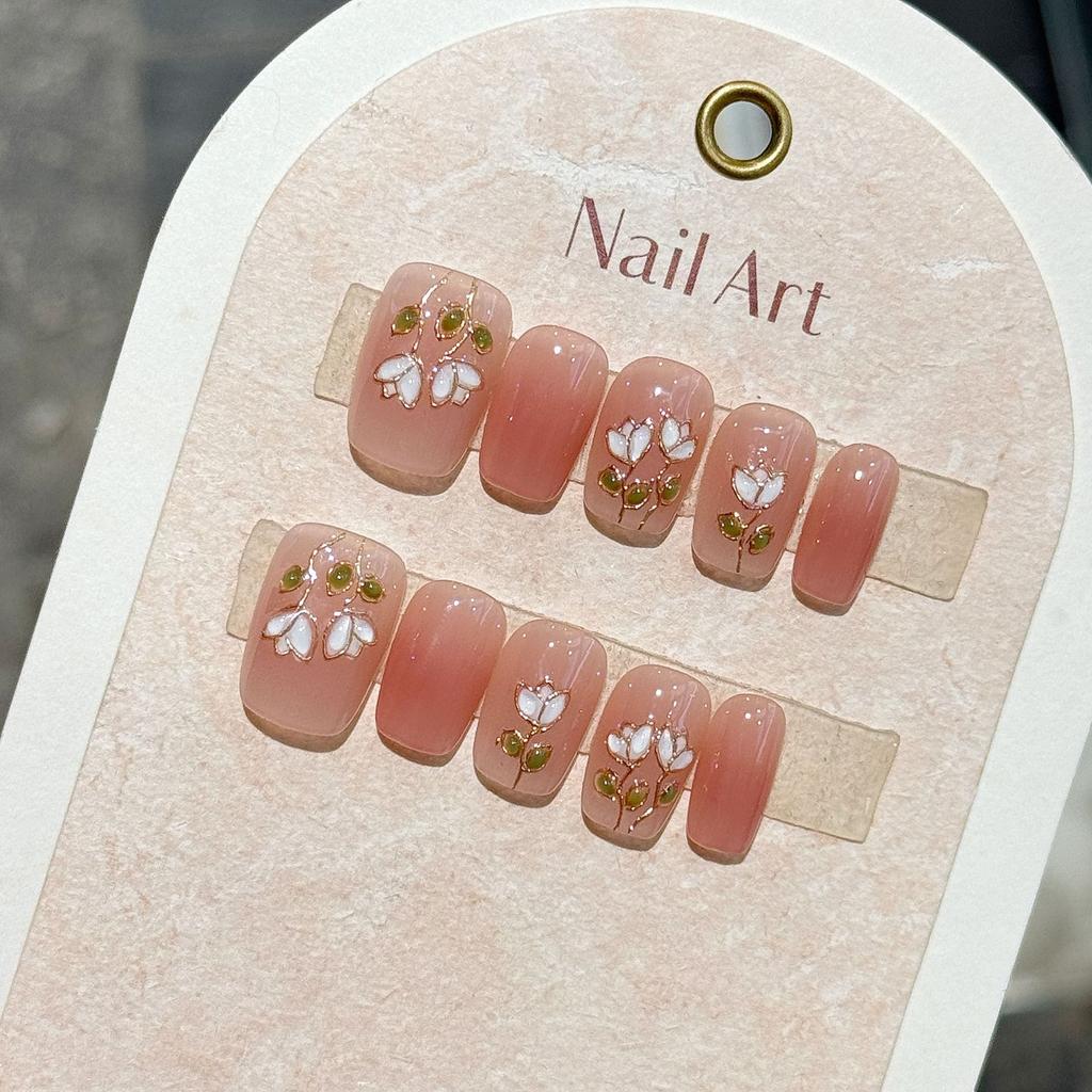 10Pcs Handmade Short Square Nails Spring Gradient Blush White Flowers Gold Edge Simple Sweet Removable Acrylic Manicure