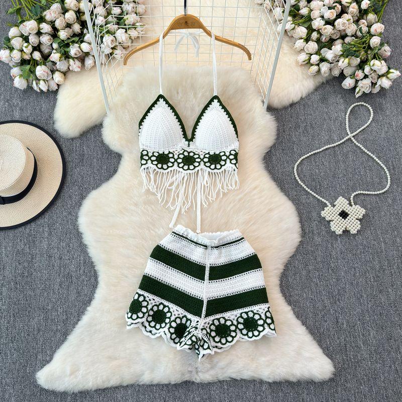 

Vacation Style Beach Fashion Suit Halterneck Color-Block V Neck Tassel Vest Camisole + High Waist Hollow-out Wide Leg Shorts Green White One size