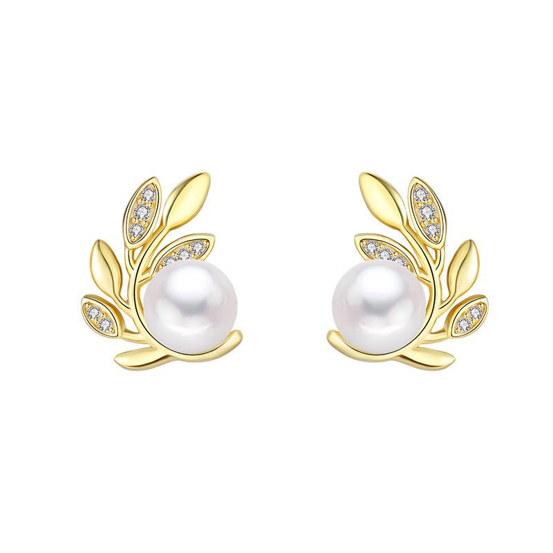 Summer Freshwater Pearl Olive Branch Earrings for Women - S925 Sterling Silver S925 Sterling Silver