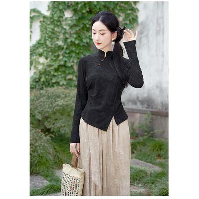 Women's New Spliced Stand-up Collar Disc-button Diagonal Placket Bottoming Jacquard National Long-sleeved Top