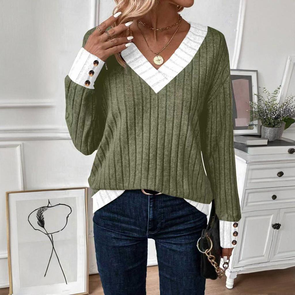 Women's V Neck Sweaters Casual Long Sleeve Pullover Knit Tops Loose Basic Clothing