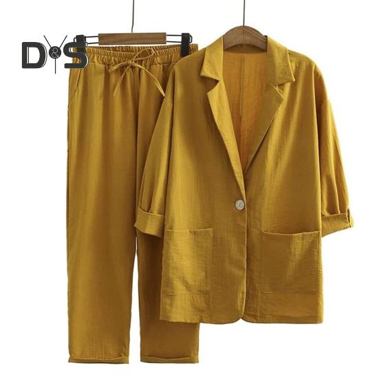 2Pcs/Set Women Spring Autumn Casual Outfit Lapel 3/4 Sleeve Single Button Pockets Blazer Coat Elastic Waistband Wide Leg Long Pants Set