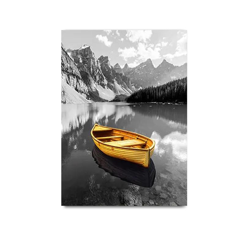 Barcă galbenă pe lac, peisaj, postere, imprimeuri, pod de lemn auriu, picturi abstracte de artă murală, pentru decorarea interioară