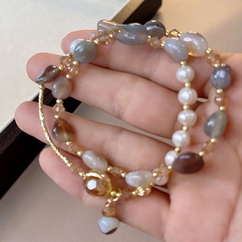 Trendy Adjustable Double Stacked Pearls and Crystal Beaded Bracelet Adornment for Women Perfect for Any Occasion