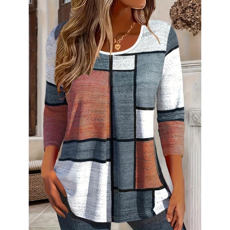 Plus size women's geometric color matching loose long-sleeved crew neck top - Casual, comfortable
