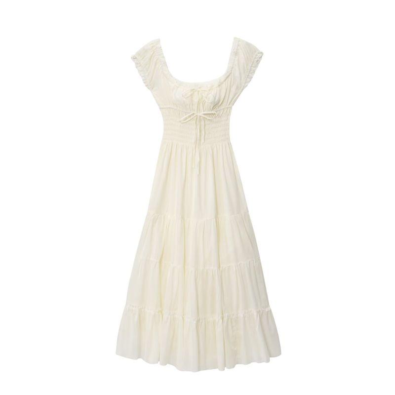 Kaslead New Women clothes Western Style Simple Temperament French style Double Layer Pure Cotton Waist Hugging Square Collar Long dress