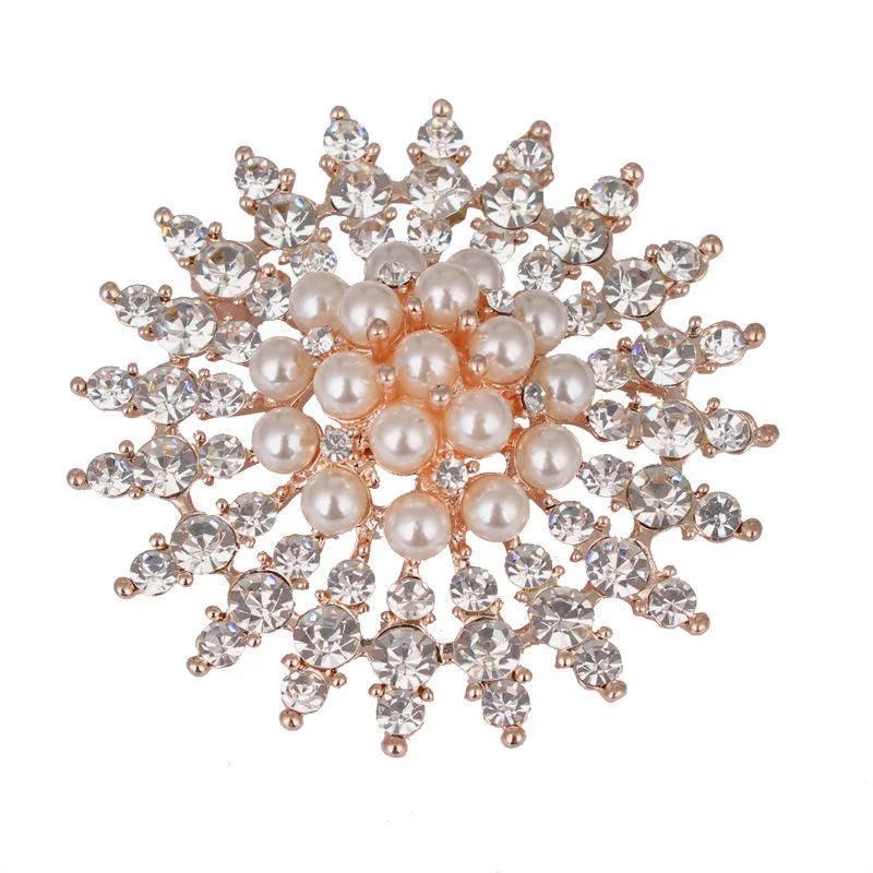 New Luxury Elegant Glittering Sunflower Brooches Silver Gold Rhinestone Alloy Pearl Brooch Lady Party Pins Birthday Jewelr