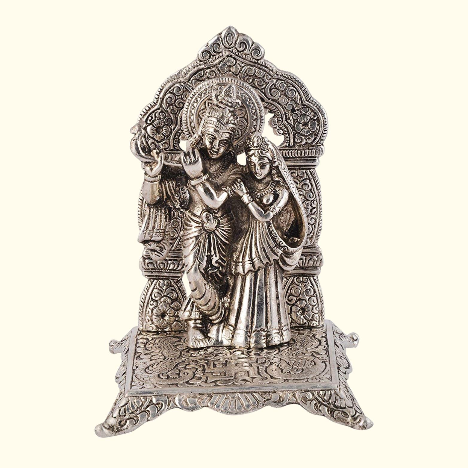 Silver Plated Radha Krishna Ji Chowki God Statue, Beautiful Velvet Box, Brass