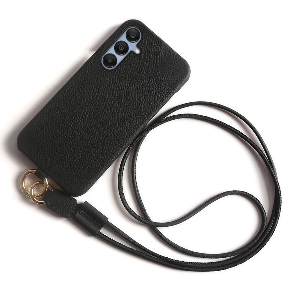 For Samsung Galaxy A25 5G (Global) (161.0 X 76.5 X 8.3mm) Case with Lanyard Genuine Cow Leather PC Phone Back Cover