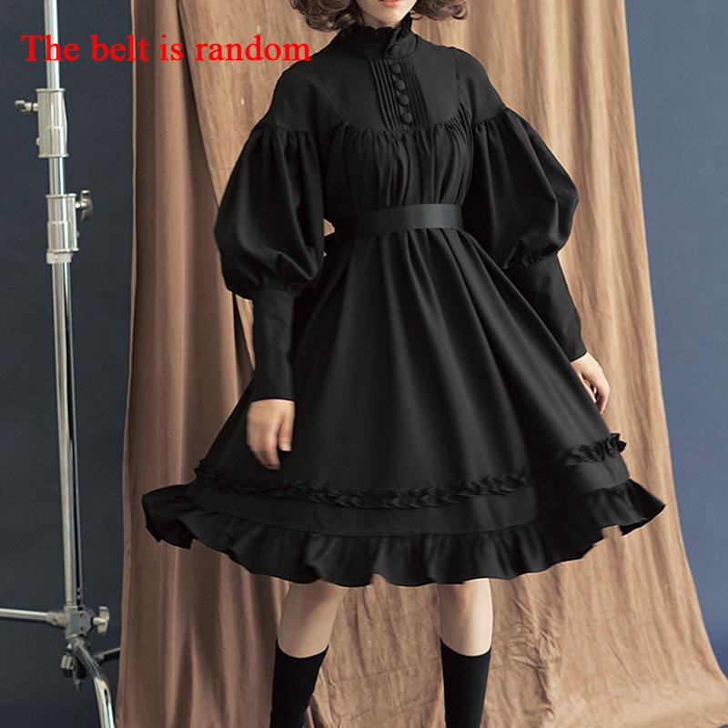 Women's loose standing lace long sleeve button cos clothing solid color sweet lantern sleeve knee-length dress