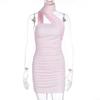 Summer New European and American Style Women's Clothing Sexy Tube Top Scarf Halter Pleated Mid-waist Slim Dress