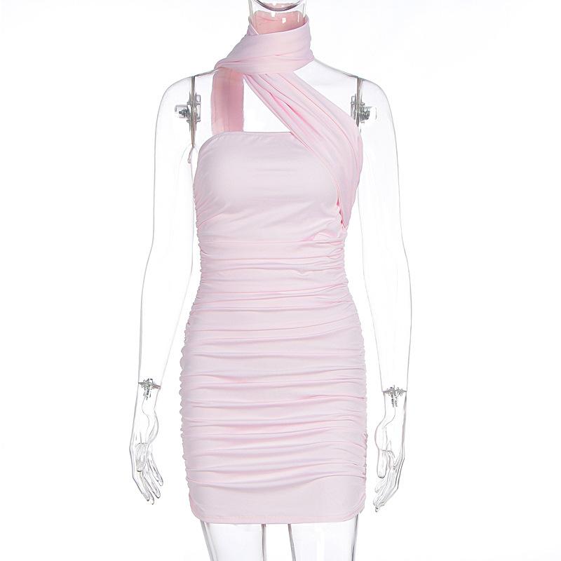 Summer New European and American Style Women's Clothing Sexy Tube Top Scarf Halter Pleated Mid-waist Slim Dress