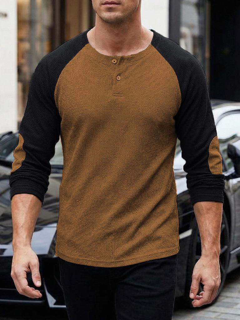 Men's Cross-Border Casual Raglan Sleeve Patchwork Round Neck Waffle Knit Sweatshirt for Spring/Autumn