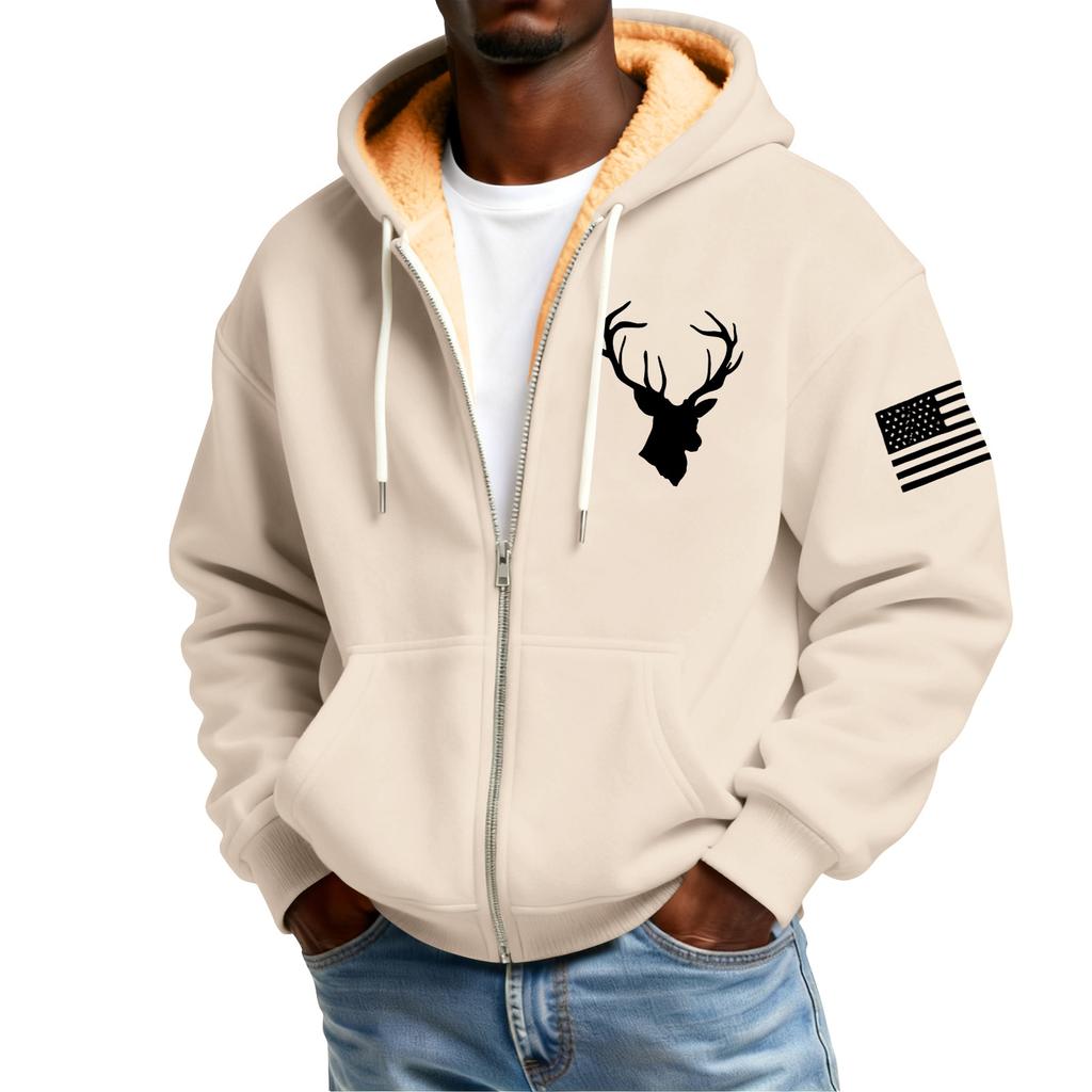 Men's Print Fleece-Lined Zip-Up Pocket Hooded Sweatshirt Cardigan Men's Casual Sweatshirt Cardigan