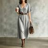 Women's Short Sleeve V-Neck Bohemian Cotton Linen Dress for Summer Casual Wear