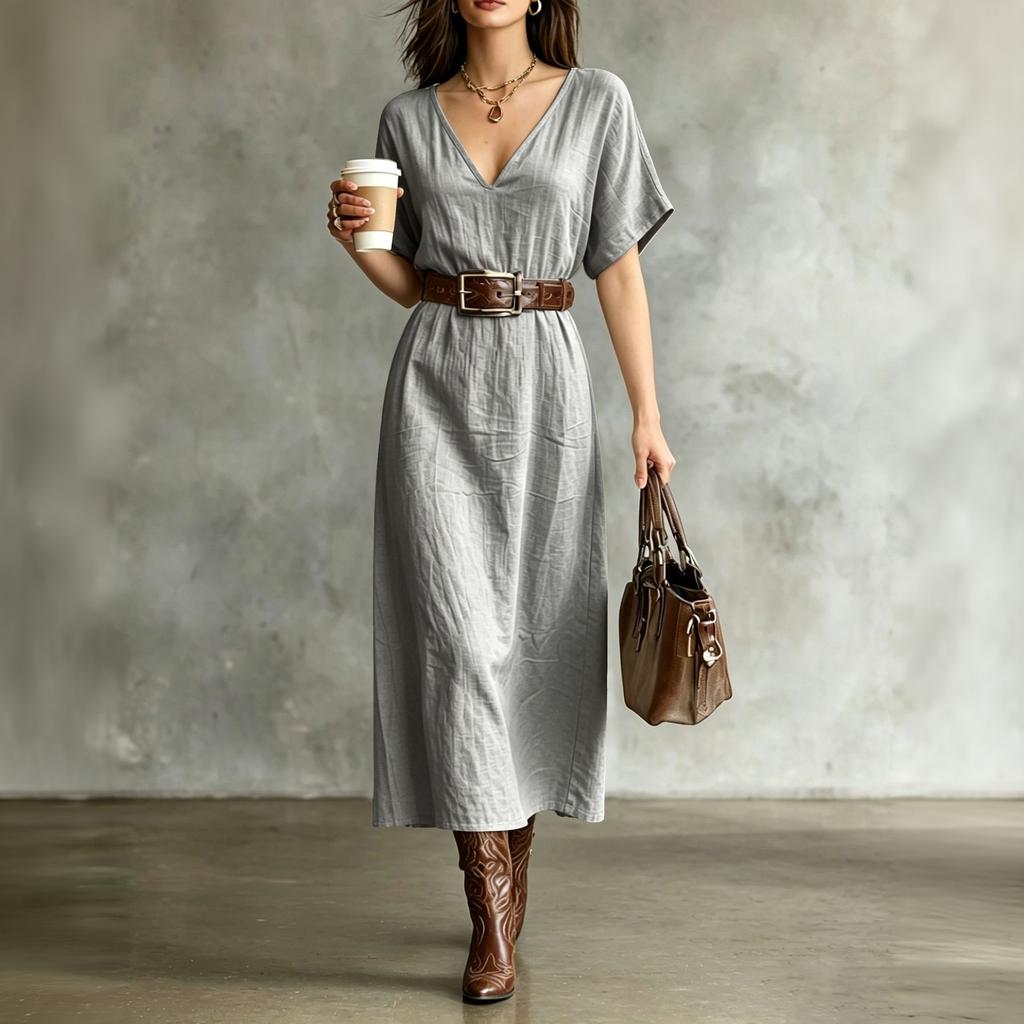 Women's Short Sleeve V-Neck Bohemian Cotton Linen Dress for Summer Casual Wear