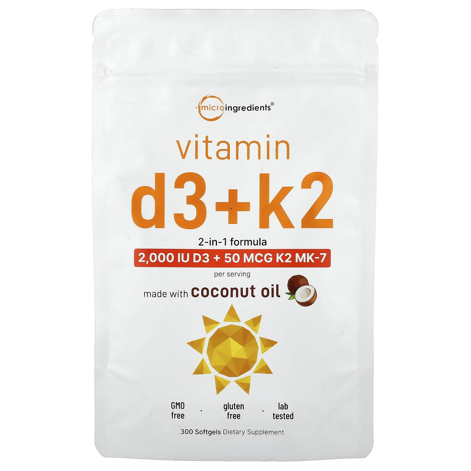 

Micro Ingredients, Вітамін D3 + K2, 300 М яких капсул